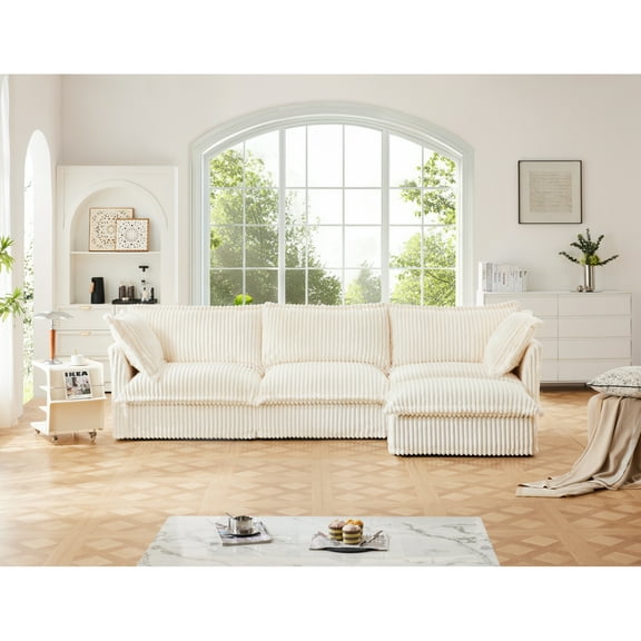Miekor Furniture L-Shaped Slipcovered Sectional Sofa Couch, Comfy Deep Seat Cloud Couch with Convertible Ottoman & 2 Big Pillows, Modern Oversized 3 Seater Slipcovered Sofa Set Cream Corduroy 53057