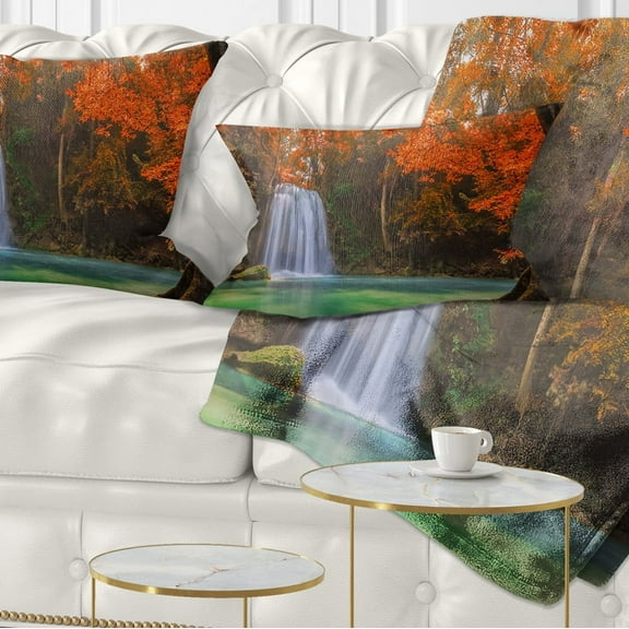 Designart Erawan Waterfall - Photography Throw Pillow - 12x20