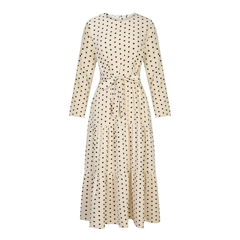 Women's Muslim Modest Dress Dots Print Full Sleeve Belted