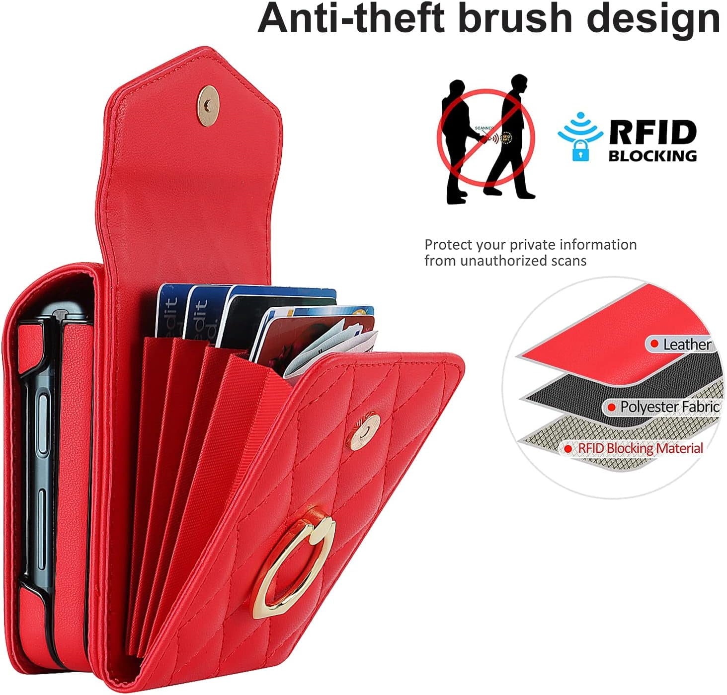 Phone Case for Samsung Galaxy Z Flip 5 5G 2023 Wallet Cover with RFID Blocking Ring Crossbody Wrist Strap Stand Credit Card Holder Leather Cell Accessories ZFlip5 Z5 G Flip5 5Z Women Girls Red