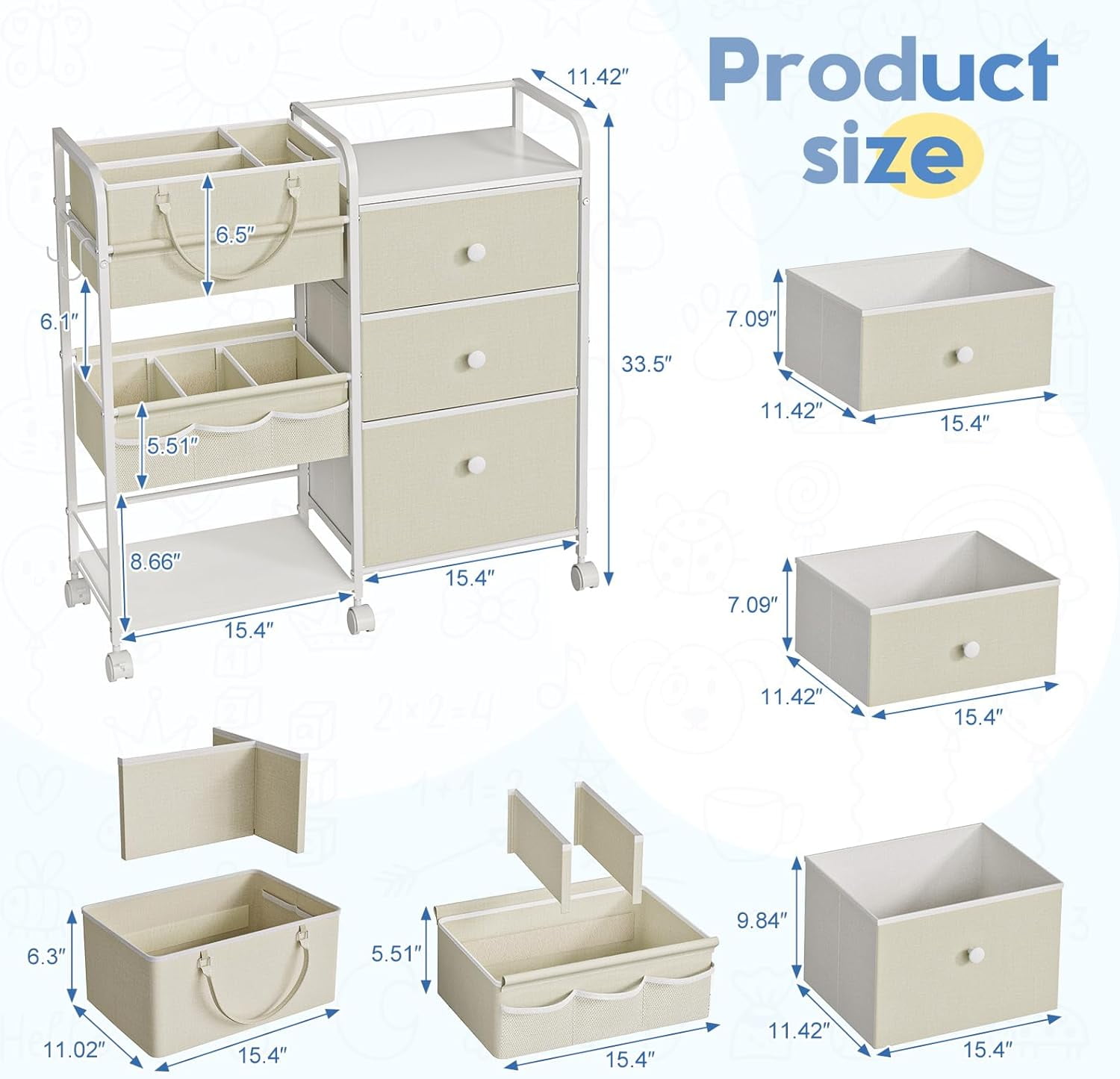 X-COSRACK 2-in-1 Baby Diaper Caddy Organizer, 3-Tier Heavy Duty Rolling Nursery Cart with Removable Basket & Drawers, Mobile Utility Storage Cart for Changing Table, Crib & Bedroom