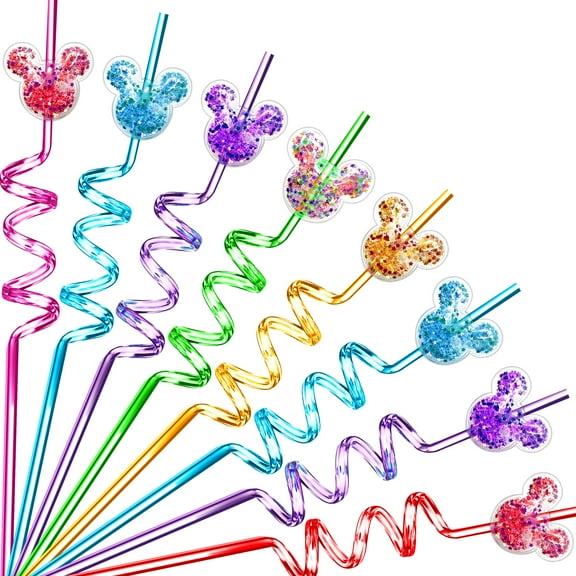 24Pcs Glitter Mouse Straws for Kids Party Favors, Straws for Birthday Party Supplies, Drinking Straws for Boys Girls Party