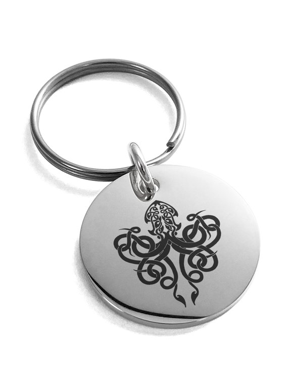 Stainless Steel Tribal Kraken Engraved Small Medallion Circle Charm Keychain Keyring