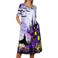 thumbnail image 5 of Women's Halloween Print Round Neck Casual Dress with Pockets Short Sleeve Loose Fit Midi Dress Plus Size for Daily Wear Autumn Outfit Purple XL, 5 of 6
