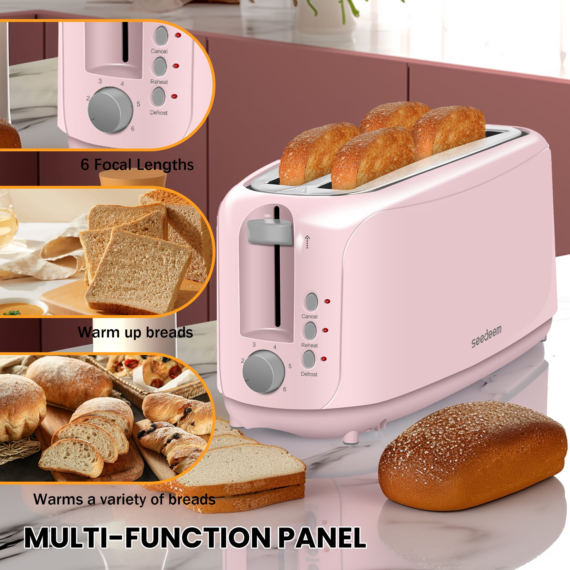 【Ultra-Slim Space-Saving】4-Slice Long Slot Toaster, Dual 10-Inch Slots, 6 Shade Settings with Cancel/Reheat/Defrost, Removable Crumb Tray, Easy to Store Vertically