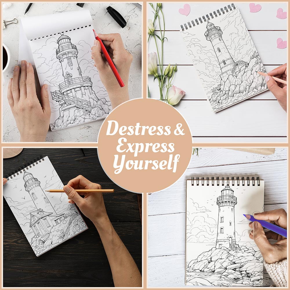 Netecom Lighthouse Scenes Coloring Book Spiral Bound For Adults, A5 Wooden Cover, 30 Calm Coloring Pages of Seaside Bluffs for Stress Relief and Relaxation
