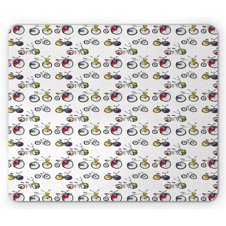 Bicycle Mouse Pad, Hand Drawn Penny-Farthing Tandem and City Bikes with Colored Rims Cartoon Style, Rectangle Non-Slip Rubber Mousepad, Multicolor, by