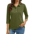 thumbnail image 2 of New 3/4 Sleeve Polo Shirts Women V Neck Collared Tees Loose Casual Business Tops Summer Army Green 3XL, 2 of 6