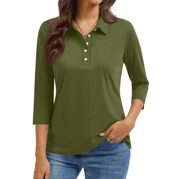 Womens V Neck Polo Shirts 3/4 Sleeve Collared Tops Button Down Business Casual Summer Tops Trendy Loose