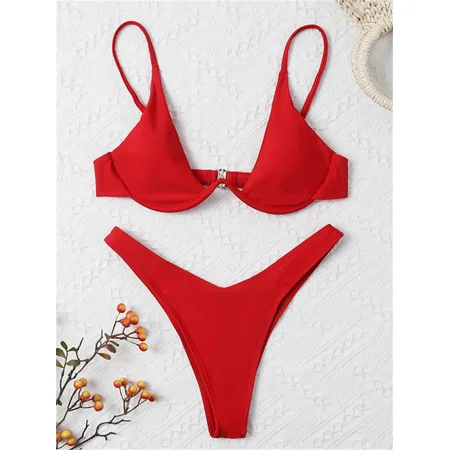 Sexy Underwire Bikini 2024 Mujer Women Solid Red Push Up Bra Thong Swimsuit Haler V Neck Bathing Suit Mini Micro Thong Swimwear
