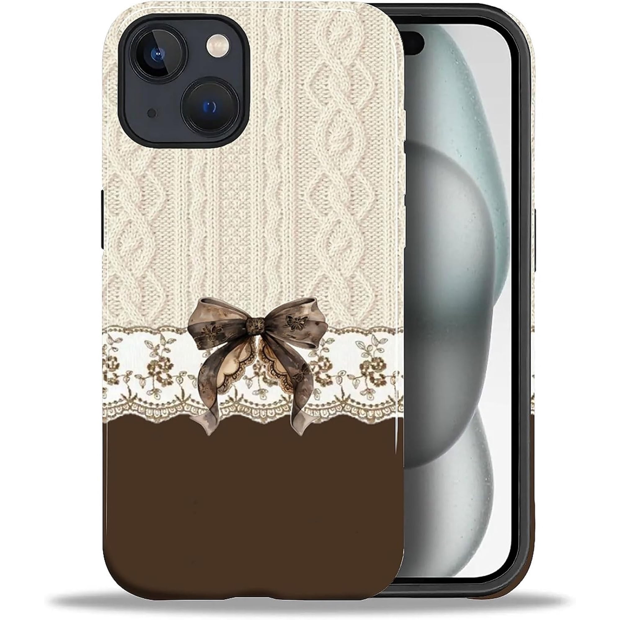 for iPhone 15 Case Hybrid 2-Layer Hard Shell + Silicone Protective Case -Resistant Shockproof- Brown Maillard Color Series Bow Knitted Lace Trim