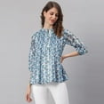 thumbnail image 1 of Janasya Indian Chinese Neck 3/4 Sleeve Floral Print Blue Poly Georgette Top For Women, 1 of 8