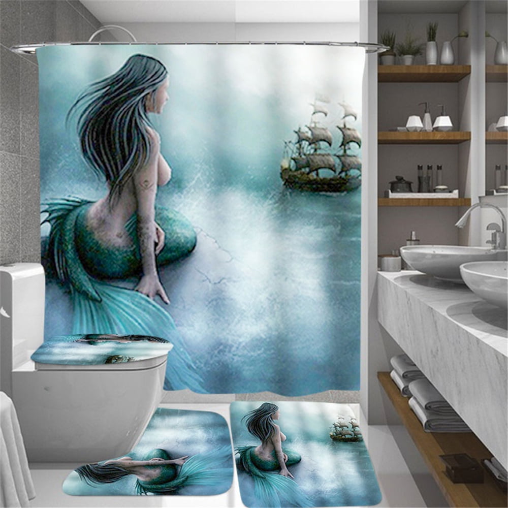 Mermaid Art Blue Shower Curtain Bath Mat Toilet Cover Rug Sea Bathroom Decor 