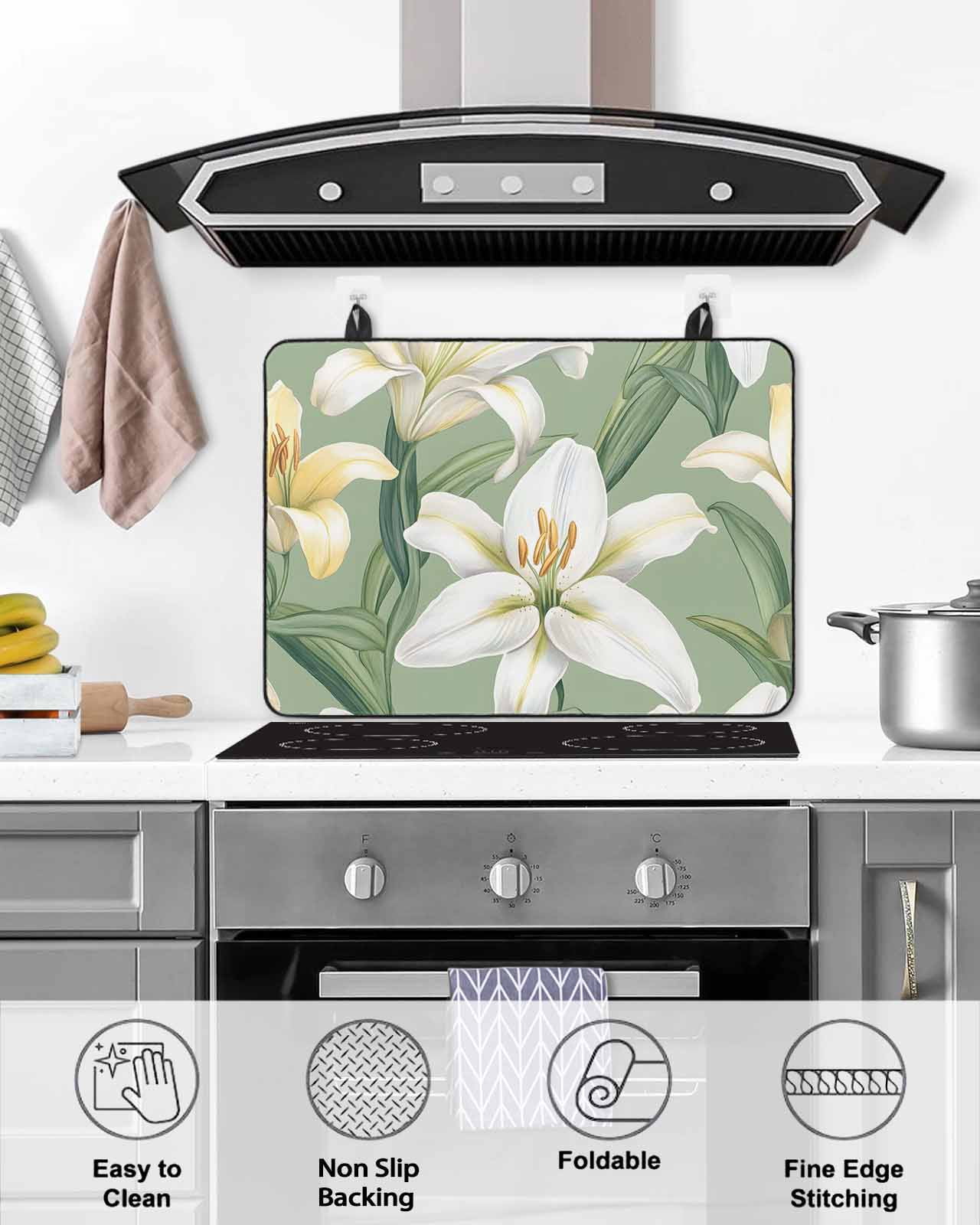 nqOlkjepod Large Induction Cooktop Protector Mat 24"x21", Green Floral Spring Stove Top Covers for Electric Stove, Vintage Posy Patterns Decorative Stove Burner Cover Mats, Glass Top Stove Cover