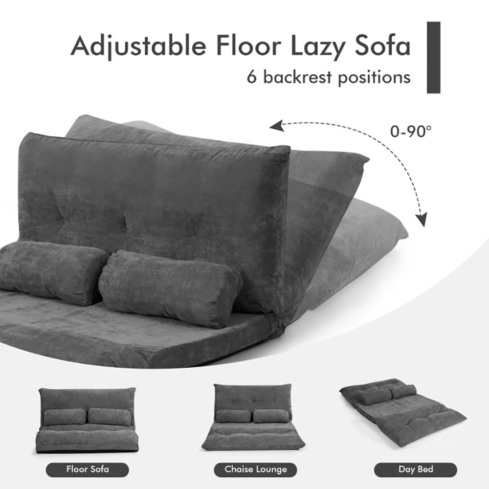 Finihen Adjustable Floor Sofa Couch, Foldable Lazy Sofa Sleeper Bed, Multi-Functional Floor Loveseat, 6-Position Adjustable Sleeper Lounge Couch with 2 Pillows, for Reading, Gaming, Grey