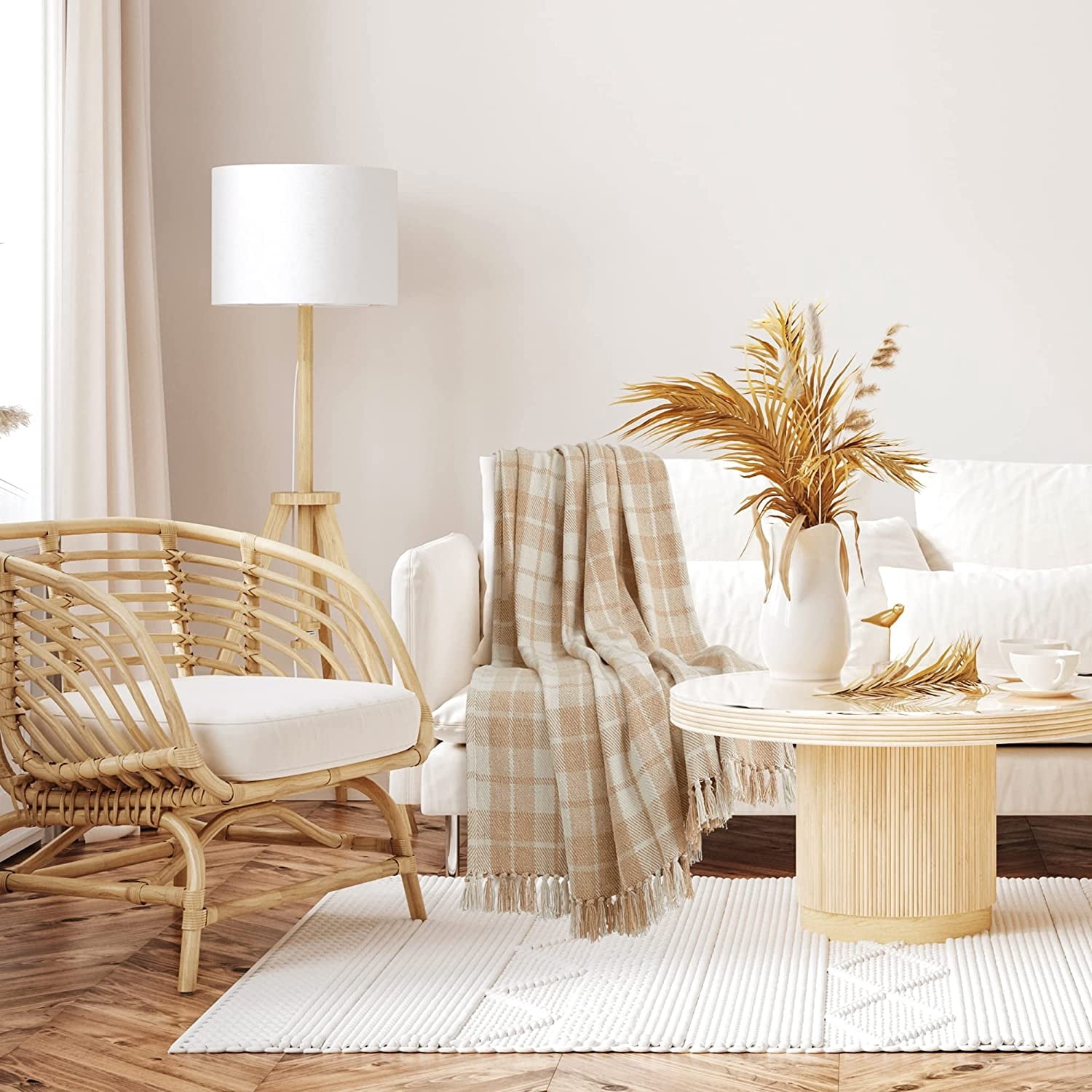 Americanflat 50x60 Throw Blanket, 100% Cotton with Fringe, Ecru Camel Plaid, all seasons blanket
