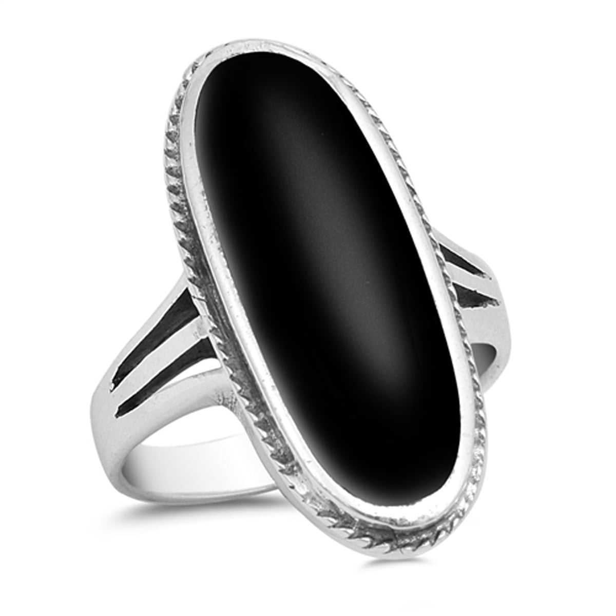 Sterling Silver Women's Simulated Black Onyx Long Wide Oval Ring (Sizes