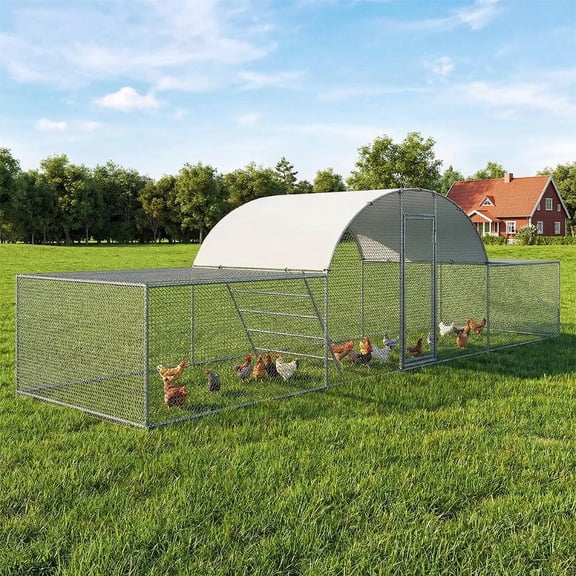 TLSUNN 23ft Metal Chicken Coop, 3-Room Dome Roof Poultry Pen, Large Hen Run Enclosure, Walk-in Galvanized Duck Rabbit Cage House, w/Chicken Ladder and Resistant to Wind, Rain Cover