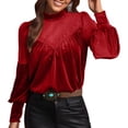 thumbnail image 2 of HongQid Women Patchwork Velvet Tops Mock Neck Puff Long Sleeve Spring Fall Vintage Dressy Blouse, 2 of 7