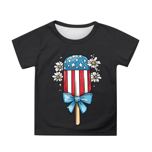 MIXUE Toddler Girls Tops & T-Shirts Summer Fourth Of July Independence Day Ice Cream Print Round Neck Short Sleeve Casual Party Tshirts Holiday Wear,Black,3-4 Years