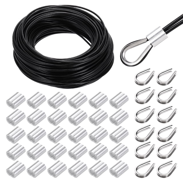 Uxcell 151FT Stainless Steel Cable Railing Kit, 1/8" Vinyl Coated 7x7 Strand Wire Rope with Loop Sleeves and Thimbles Black