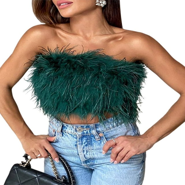 OUSITAID Women Artificial Fur Feather Vest Sleeveless Strapless Fluffy Backless Slim Fit Tube Tops