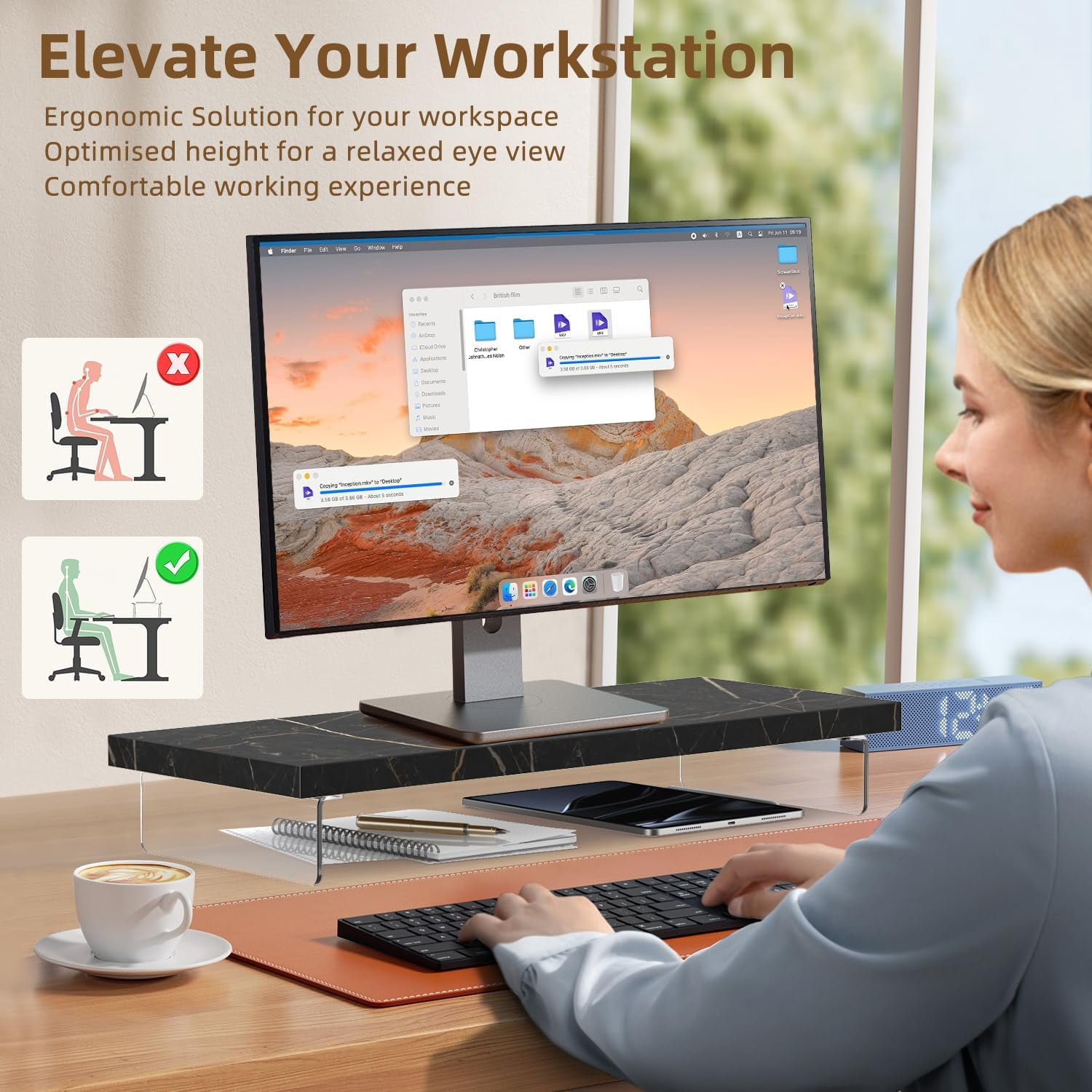 Dual Monitor Stand Riser, 40 Inch Large Computer Monitor Shelf with Storage for Office Desk, Wood Acrylic Desktop Organizer for Laptop TV Printer