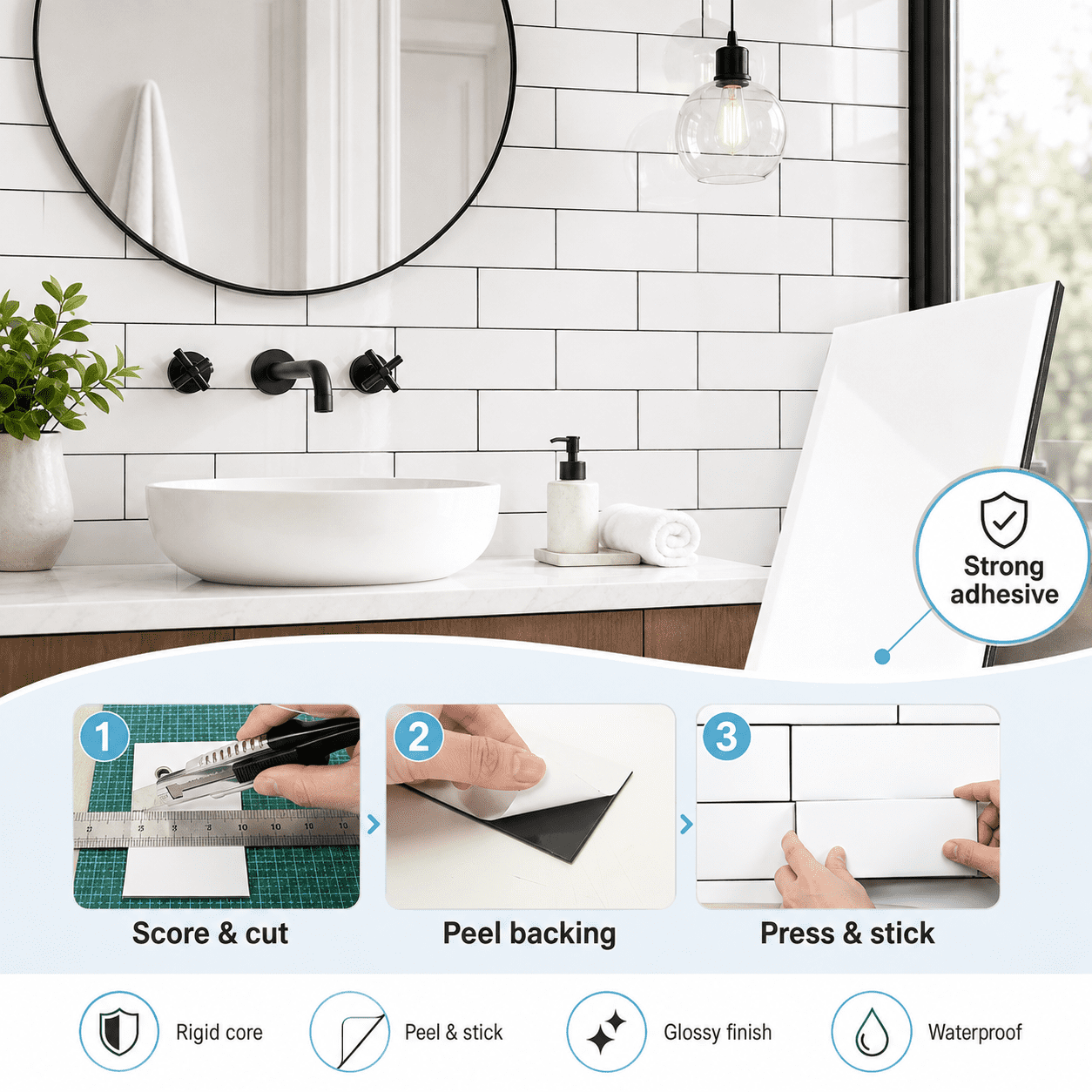 Yeslife 102-Pack Peel and Stick Backsplash Tile, 3" x 6" Glossy White PVC Waterproof Subway Wall Tiles for Kitchen & Bathroom, 12.75 Sq Ft
