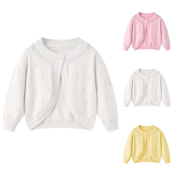 Afuyipoi Girls Hollow Out Knitted Shawl Cardigan Size 3-8 Long Sleeve Round Neck Breathable Cover Up for Kids Casual White Size 4T