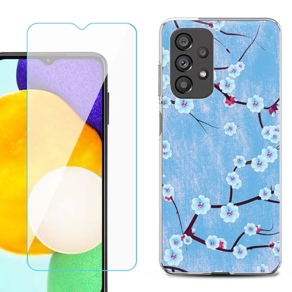 Slim-Fit Gel TPU Phone Case for Samsung Galaxy A23 5G, with Tempered Glass Screen Protector, by OneToughShield ® - Blossom Sky