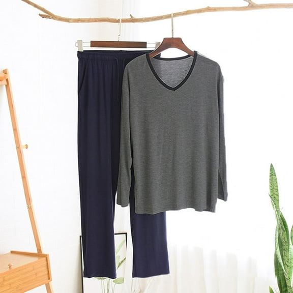 Mens Plus Size Pajama Sets L-4X Two Piece Soft Modal Loungewear Set Casual Solid Pajamas Long Sleeve T Shirts and Pants Homewear Outfits