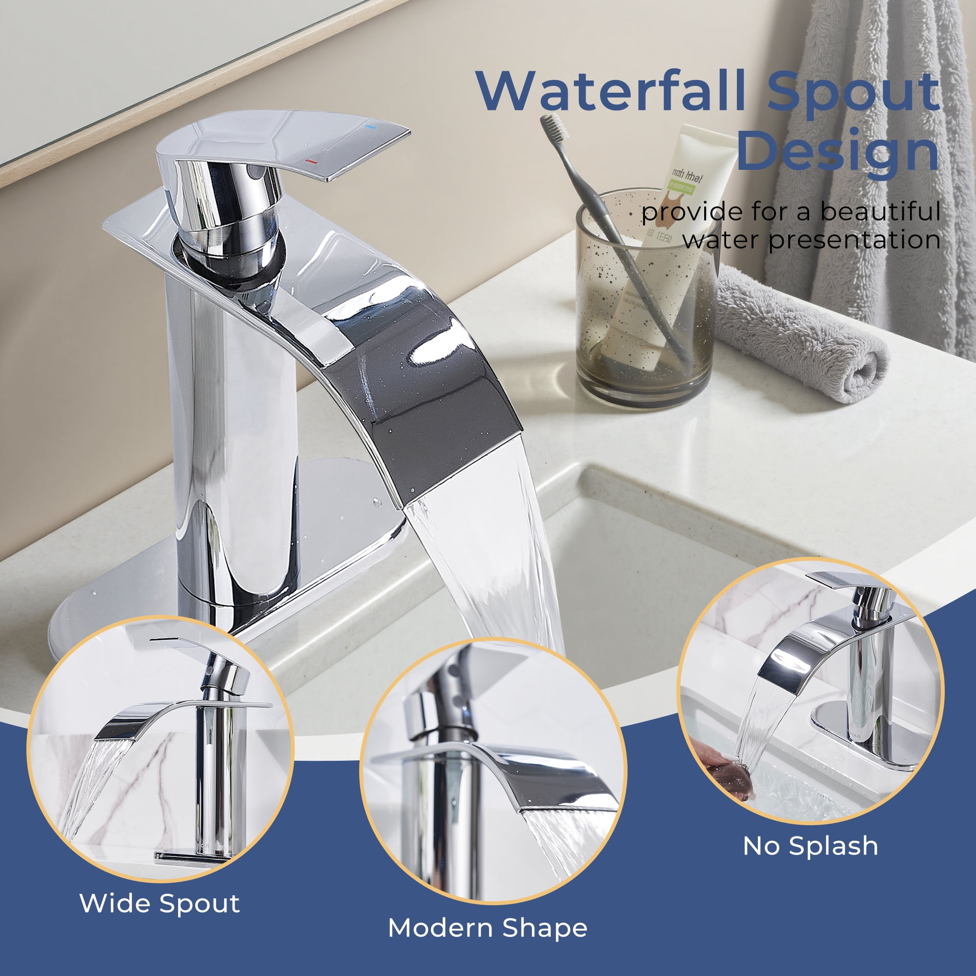 TVOFEK Waterfall Bathroom Faucet 1 or 3 Hole, Chrome Single Handle Bathroom Sink Faucets with Metal Pop up Drain and Deck Plate for Vanity Basin RV Lavatory
