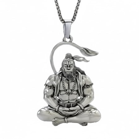 Lord Hanuman Pendant Necklace Stainless Steel Bajrangbali Meditation Design Spiritual Jewelry Chain Religious Gift for Men Hindu Devotional Fashion Accessory