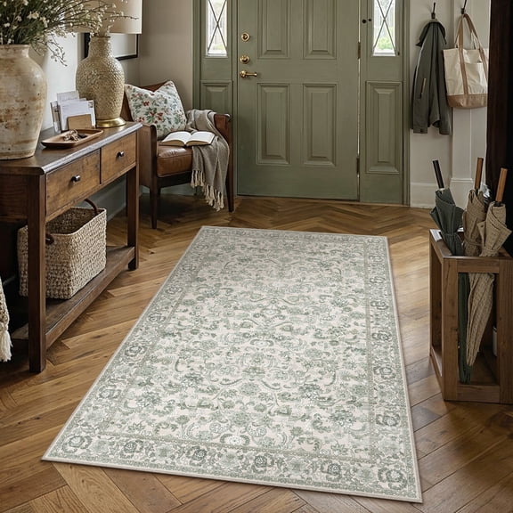 BERTHMEER 3'x5' Small Washable Green Area Rugs for Bathroom Bedroom Entryway Kitchen Rugs Non Slip Vintage Dorm Office Oriental Distressed Throw Rugs