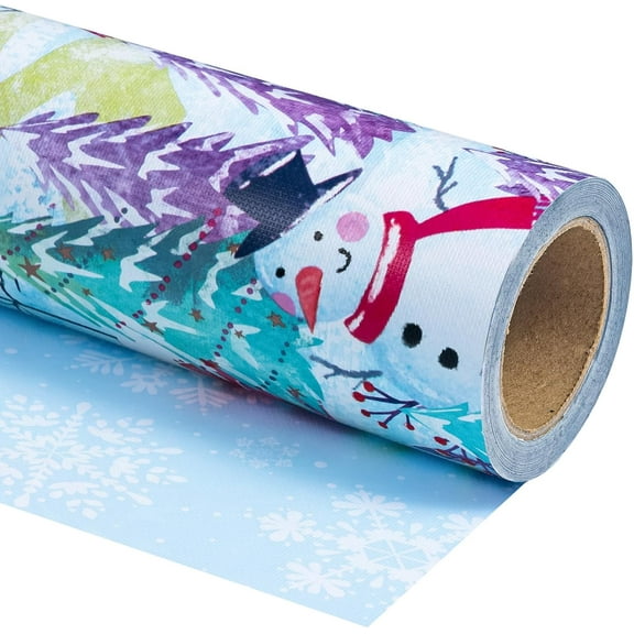 AUR Reversible Christmas Wrapping Paper - Mini Roll - 17 Inch x 33 Feet - Snowman and Snowflake Wrapping Paper with Embossed for Christmas, Holiday, Party