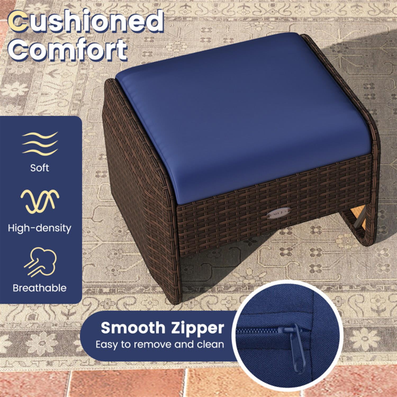 Demi Bonn 2 Pieces Outdoor Patio PE Wicker Ottomans with Removable Cushions for Yard, Pool or Backyard, Blue