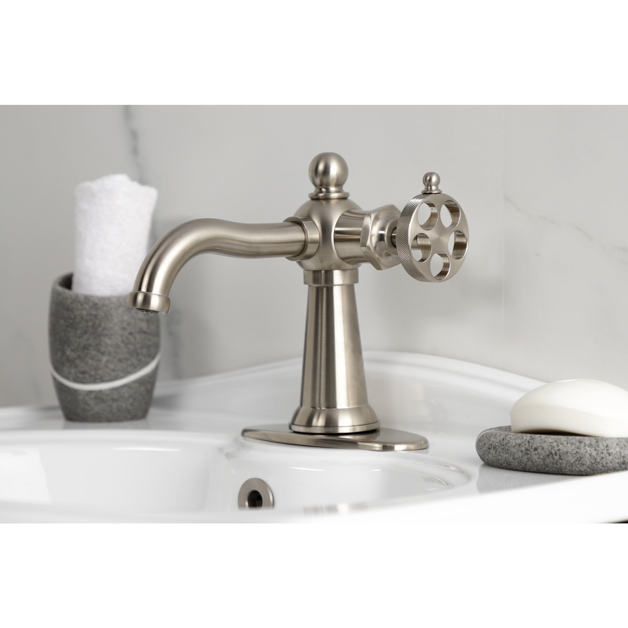 Kingston Brass KSD3548RKZ Wendell One-Handle Single-Hole Bathroom Faucet with Knurled Handle and Push Pop-Up Drain, Brushed Nickel
