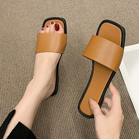 

Cathalem Soft Plush Slippers for Women Fashion Summer Women Slippers Flat Lightweight Solid Color Open Toe Casual Comfortable Shoes Brown 7