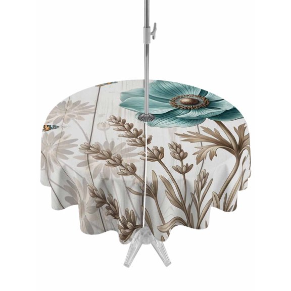 Outdoor Tablecloth with Umbrella Hole Zipper Teal Vintage Floral Round Tablecloth 60" Waterproof Outside Table Cloth Retro Flowers Wooden Butterfly Patio Table Cover Tablecloths for Picnic Party