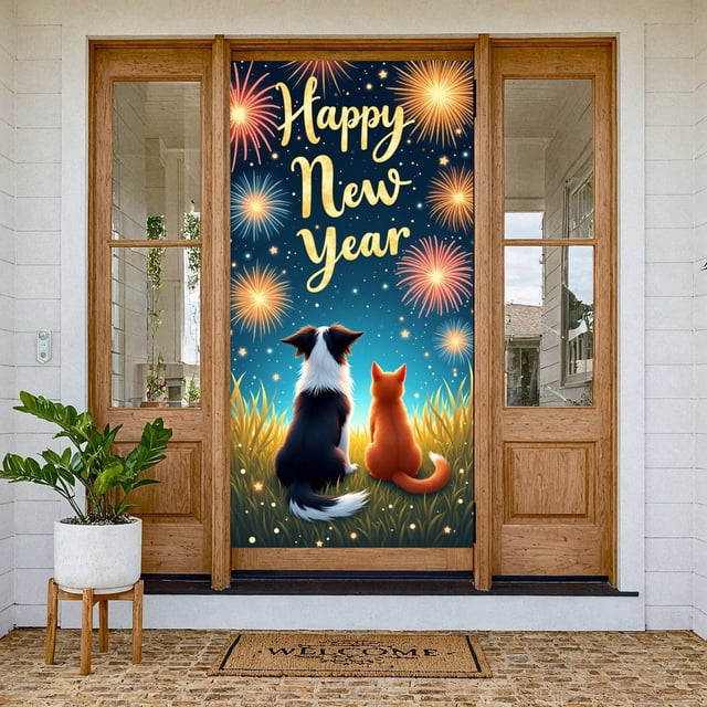 Fireworks Design Happy New Year Banner Pet Pattern New Year Display Starry Night Golden Lettering Holiday Backdrop for New Year Party Family Gathering Photo Shoot