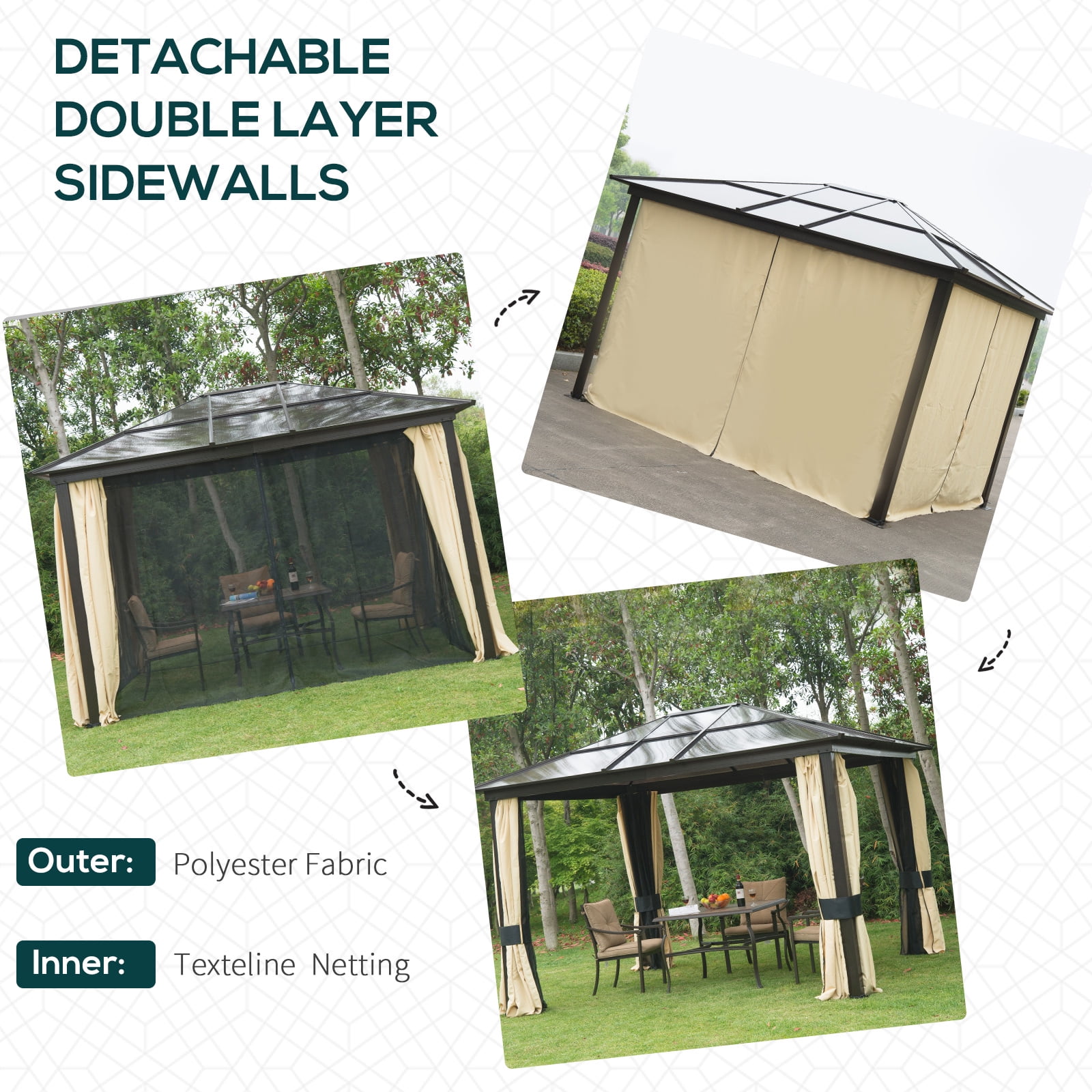 Outsunny 10' x 12' Hardtop Gazebo Canopy with Polycarbonate Roof, Aluminum Frame, Permanent Pavilion Outdoor Gazebo with Netting, for Patio, Garden, Backyard, Deck, Lawn, Black, Beige