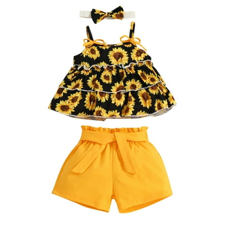 

BULLPIANO Toddler Girls Summer Shorts Outfit Ruffle Sleeveless Top Kid Shorts Baby Girl Halter Sunflower Print Top + Solid Color Lace-Up Shorts + Headband