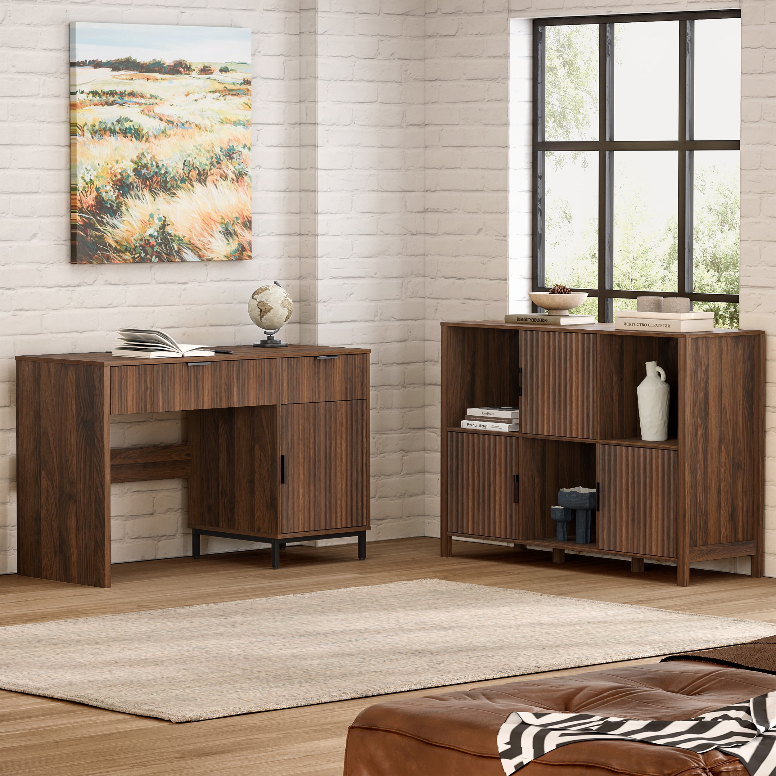 EYYTHUNG Fluted Storage Organizer Bookshelf, Modern Cube Bookcase with 3 Open Shelf and 3 Cabinets with Doors, Brown