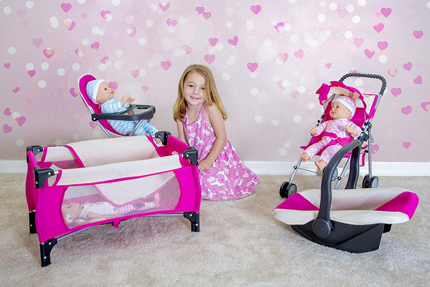 Baby Play Set 4Pcs Doll Swing Stroller Feeding Chair Bouncer Chair Kids Doll Set 