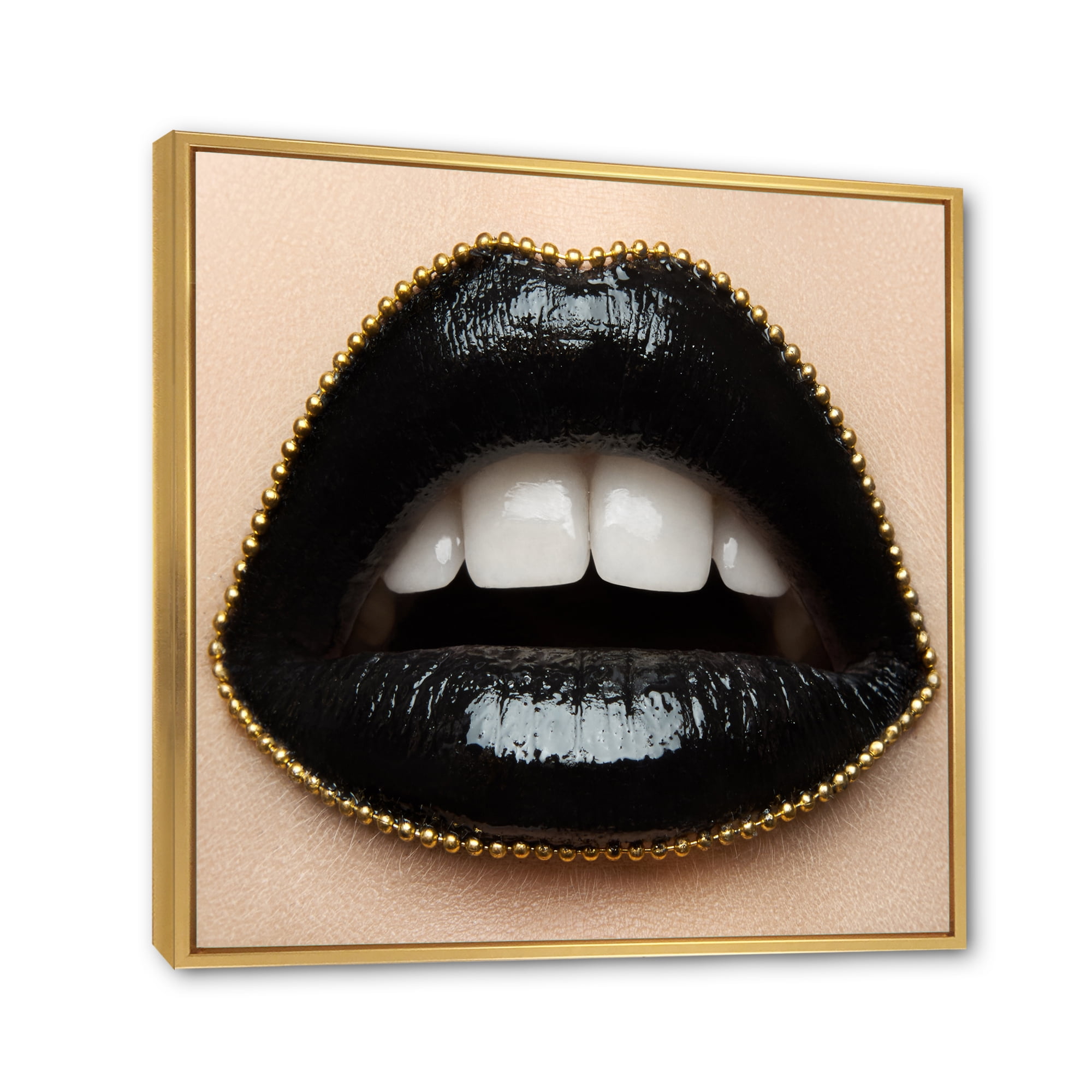 Designart 'Woman Lips With Black Lipstick & A Gold Chain' Modern Framed Canvas Wall Art Print
