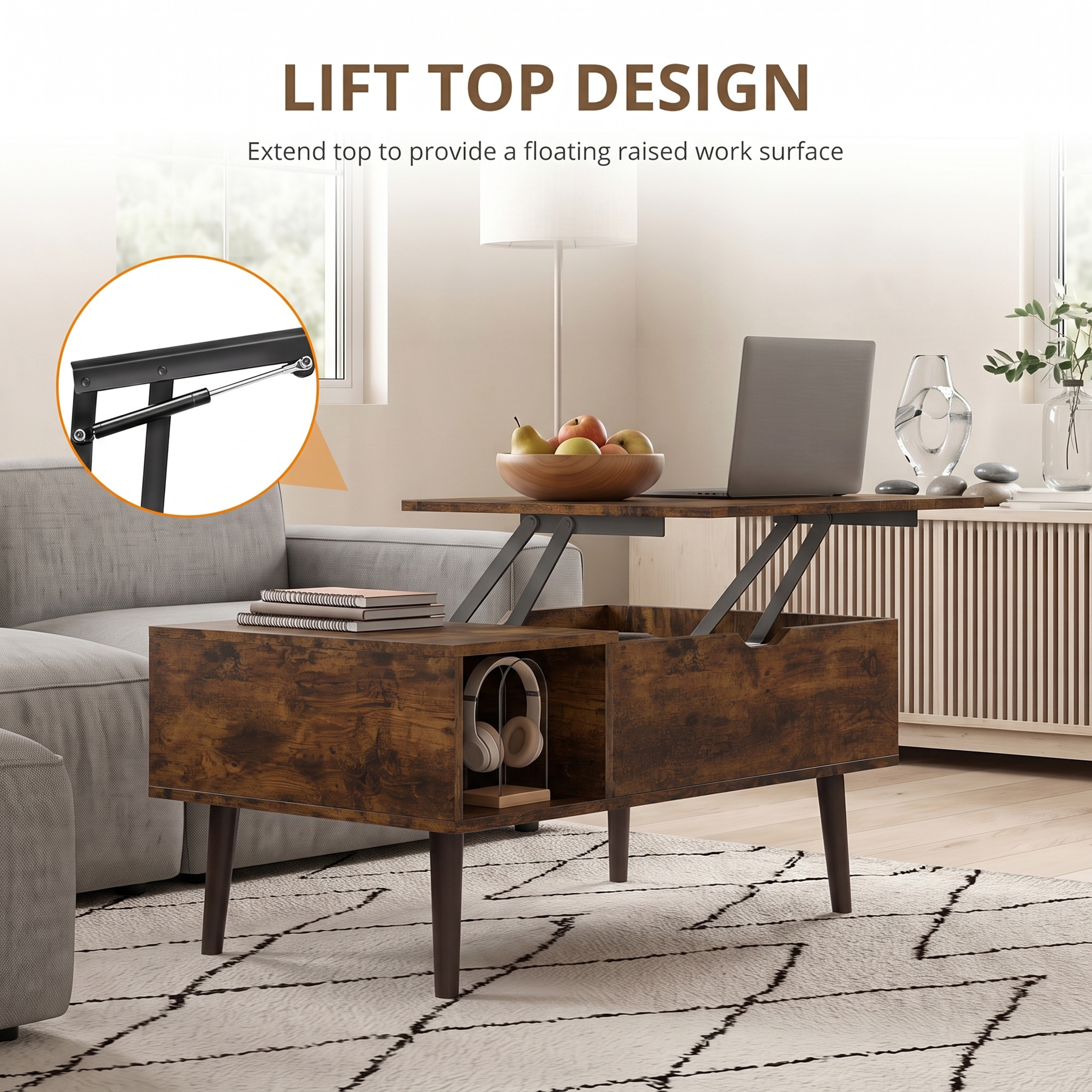 Edx Adjustable Height Lift-Top Coffee Table, Rust Brown photo 8