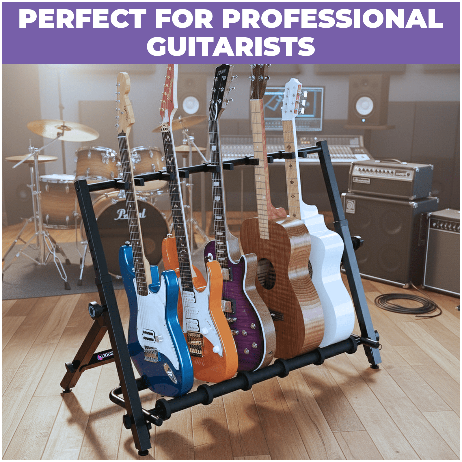 Liquid Stands Multi Guitar Stand Rack for 5 Guitars, Foldable Height Adjustable Design with 5 Neck Holders, 12 Foam Pad Separators, Floor Storage Guitar Rack for Multiple Instruments