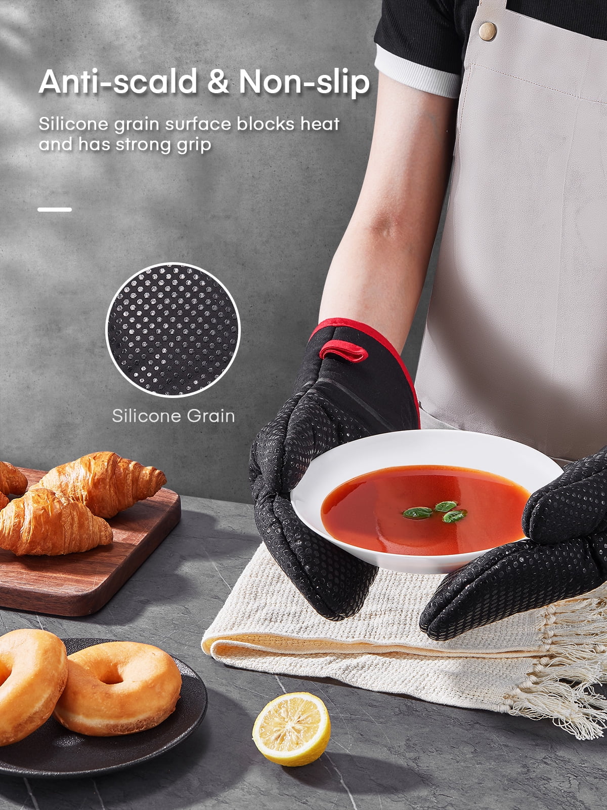 Bestonzon 4pcs Heat Resistant Oven Mitts and Pot Holders Soft Cotton Lining with Non-Slip Surface for Safe BBQ Cooking Baking Grilling (Black)