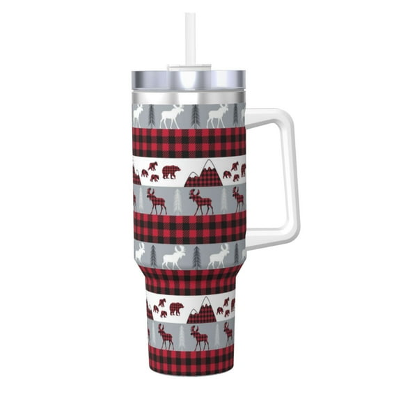Qokaie Buffalo Plaid Forest Printed Insulated Stainless Steel Hot/Cold Coffee Cup 40oz Ice Bully With Handle Car Cup Holder Mug