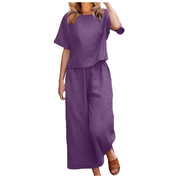 Honeeladyy Womens Summer 2 Piece Outfits Crew Neck Short Sleeve Wide Leg Long Pants Lounge Sets with Pockets Purple L